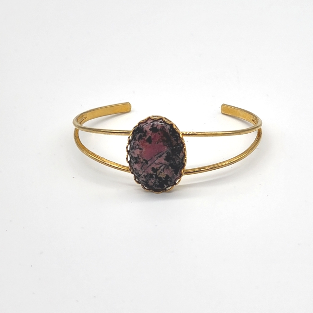 Pink Rhodonite Stone Cabachon Gold-tone Metal Cuff Bracelet